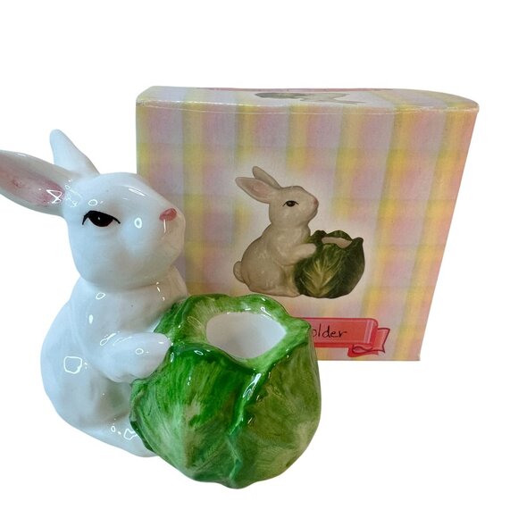 Vintage Rabbit Bunny Cabbage Candle Holder Figurine Easter Spring Original Box - Picture 10 of 10